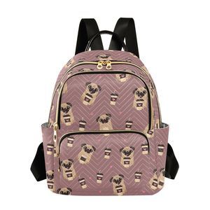 Pug Dog with Coffee Pattern Women’s Backpack Purse Causal Daypack Work🙂